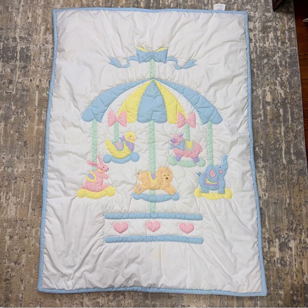 Vintage House of Hatten Carousel Animals Crib Quilt Pastel 35x48